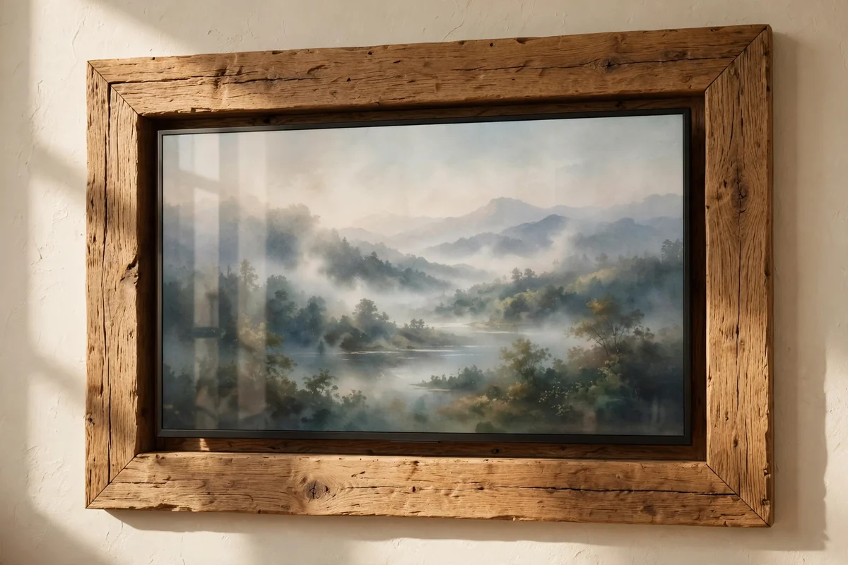 Television dressed in an oak picture-frame surround showing a soft landscape painting