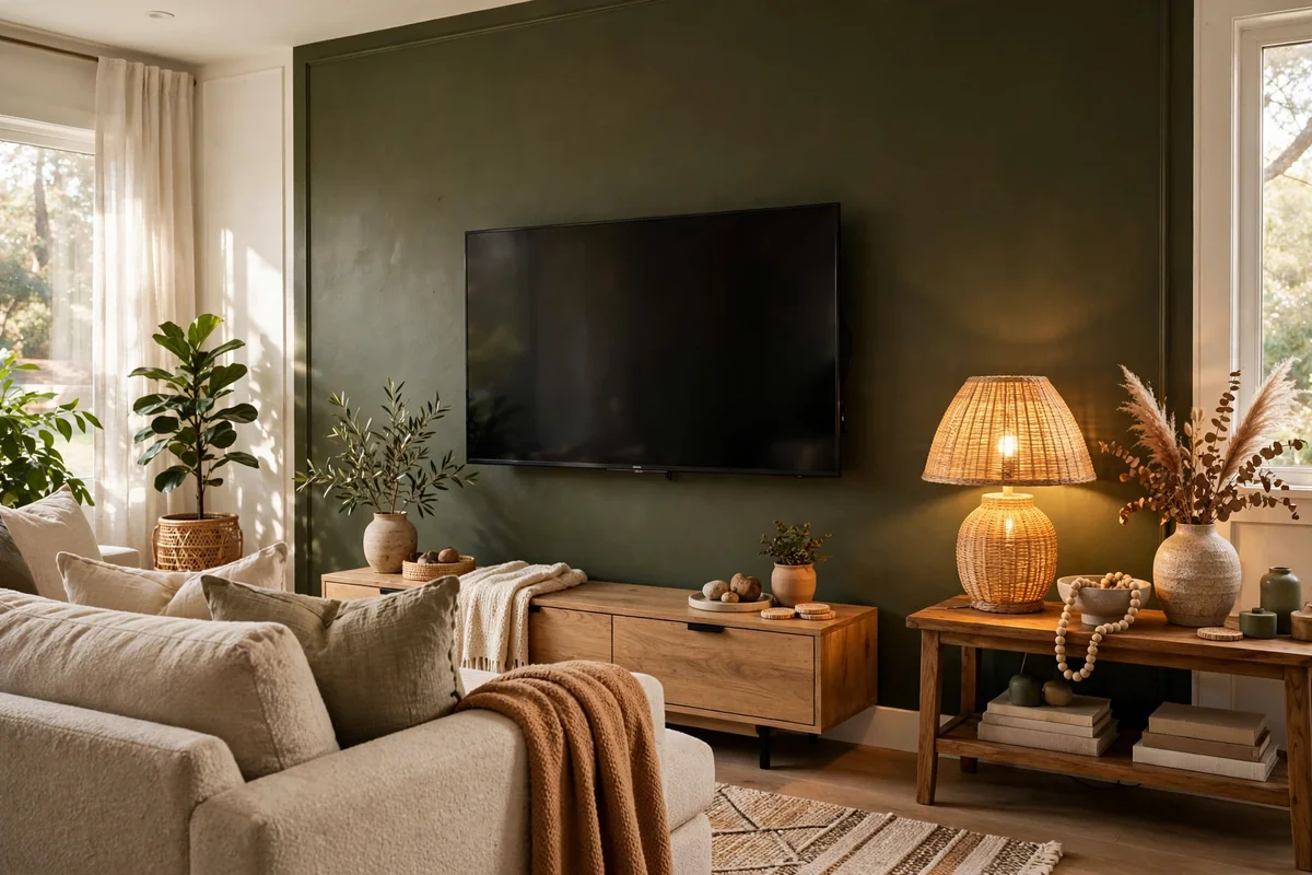 TV wall painted deep olive so the switched-off screen blends away