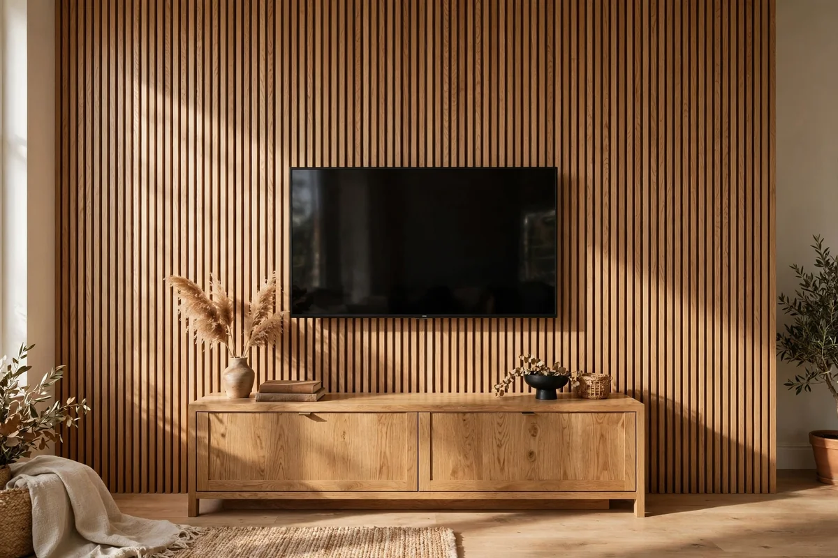 TV mounted on a full-height vertical oak batten panelled wall