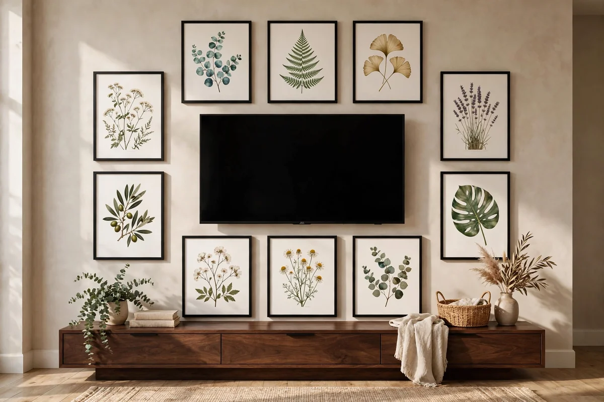 Gallery wall of matching frames arranged around a television