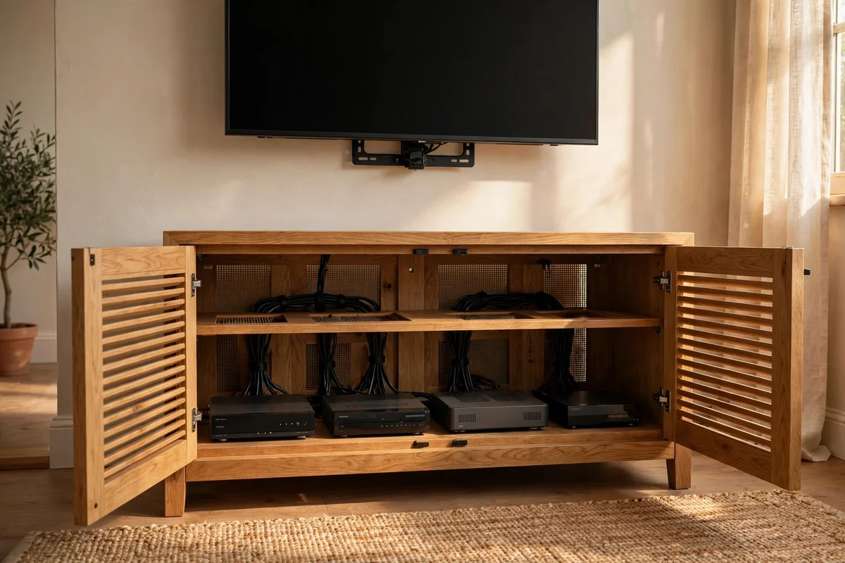 Ventilated console storing TV boxes neatly behind louvred doors