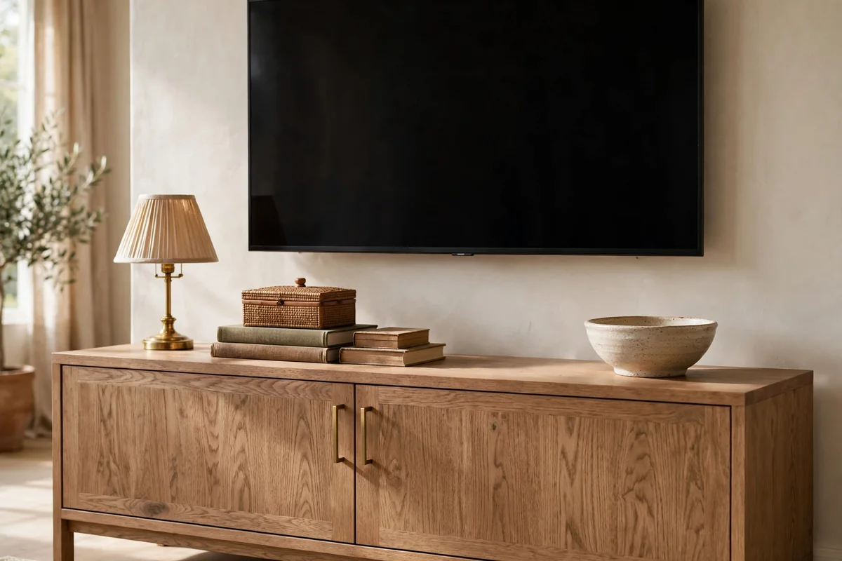 TV console styled in three calm zones with lamp, books and bowl