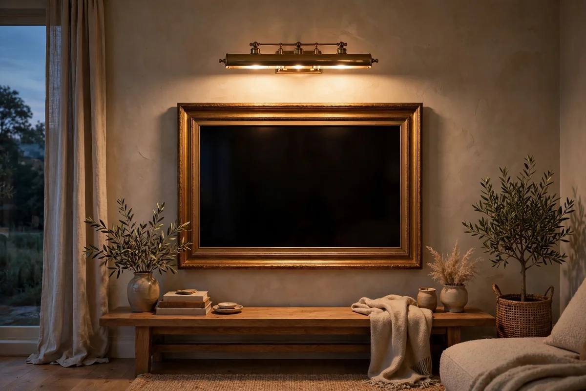 Slim brass picture light glowing above a framed television