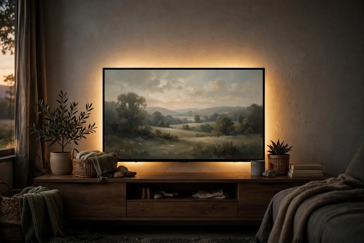 Warm bias lighting glowing behind a television in an evening room