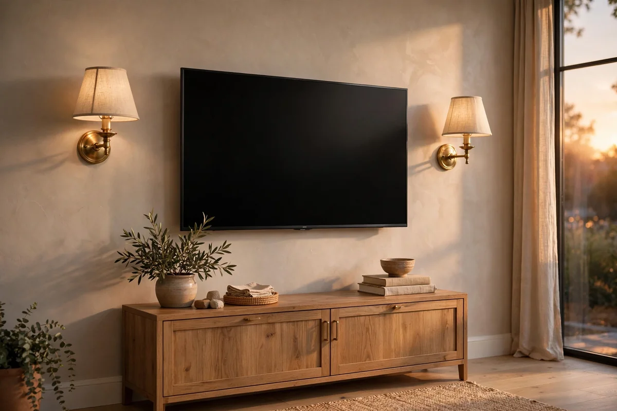 Pair of brass sconces flanking a television at eye level