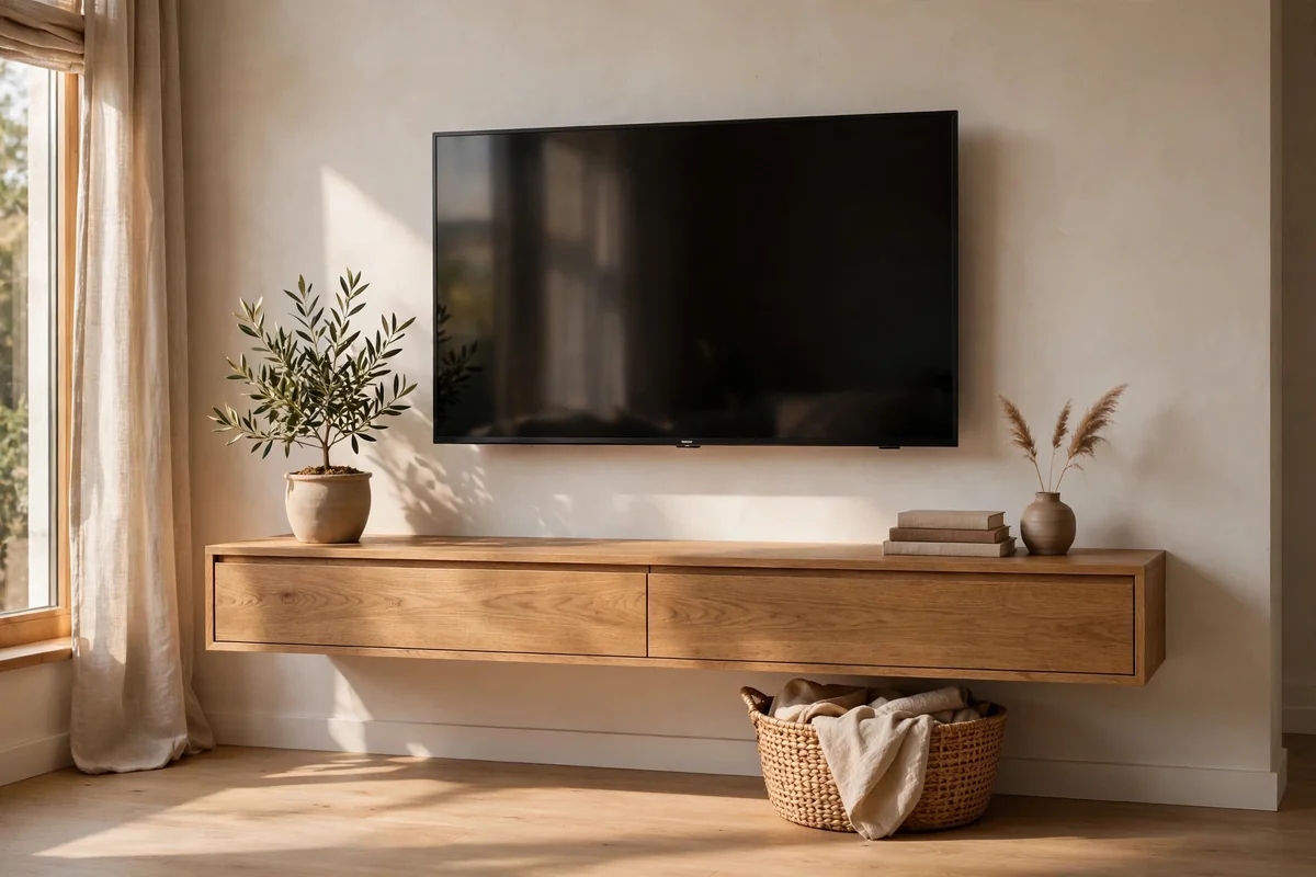 Floating oak console mounted beneath a wall-mounted television