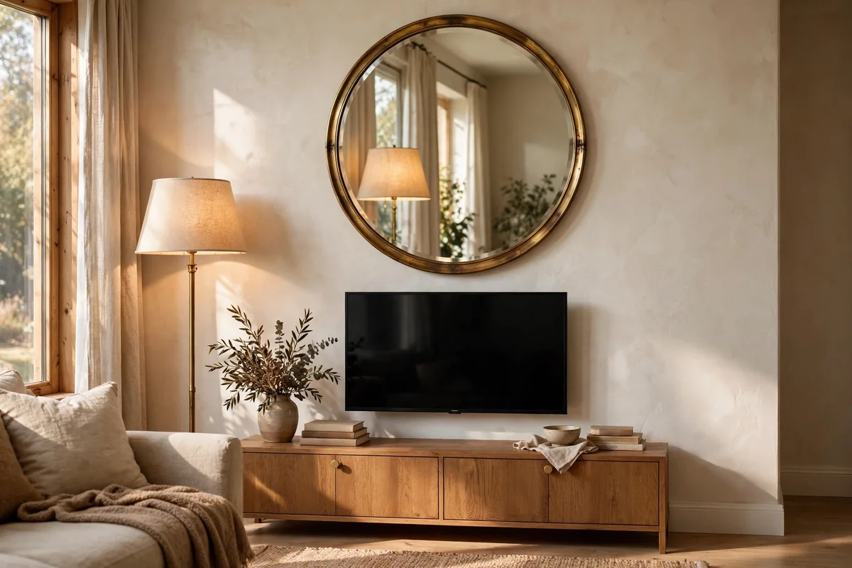 Large round brass mirror hung above a television