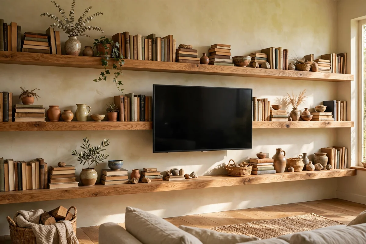 Open oak shelves overlapping a television for a library feel