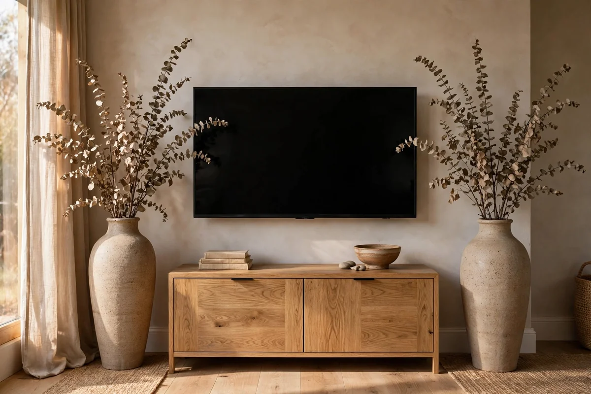 Tall floor vases with dried branches softening TV wall corners