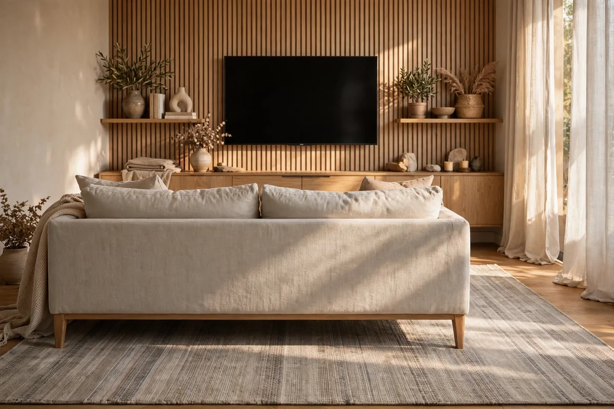 Large flatweave rug anchoring seating in front of a TV wall