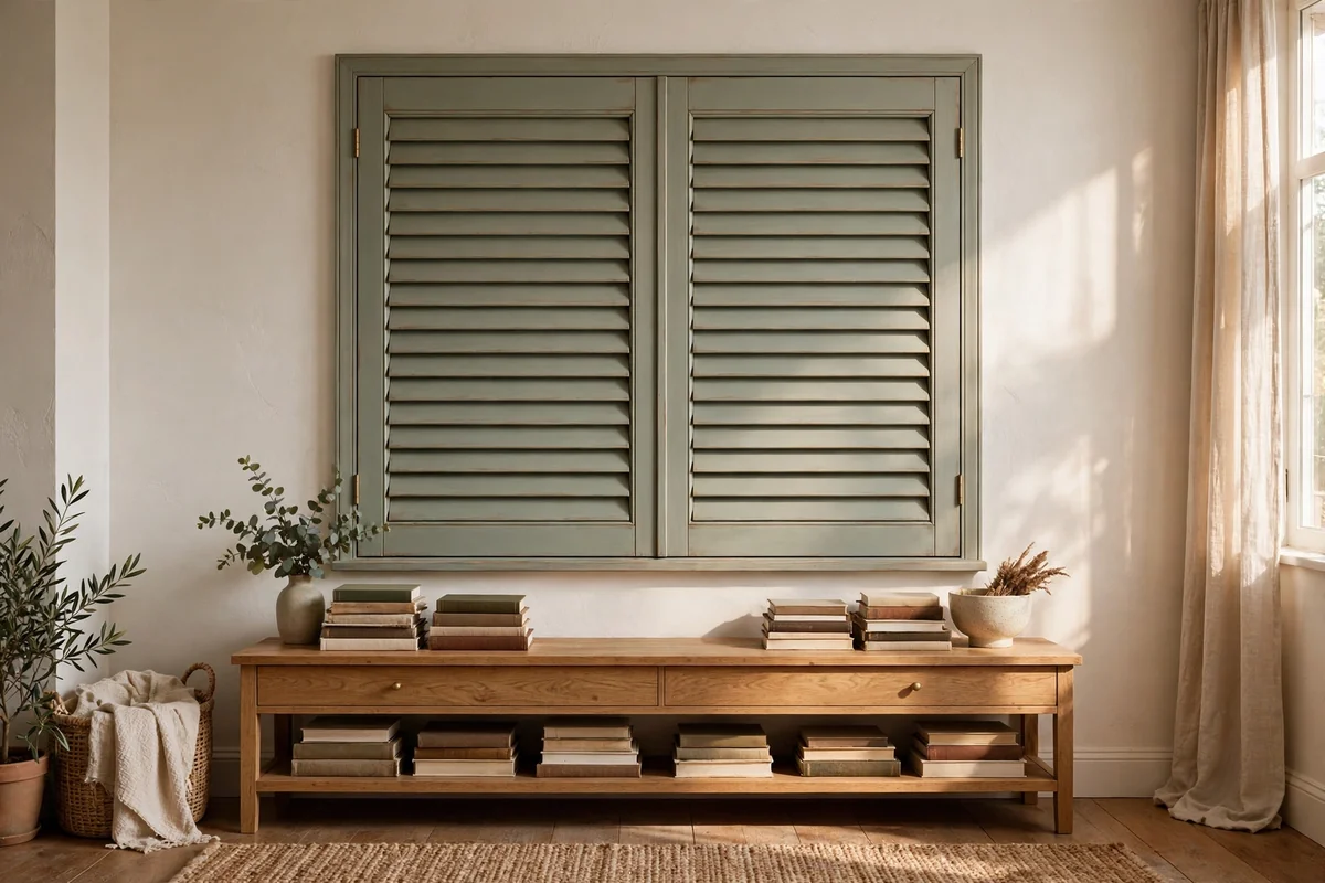 Louvred shutter doors closed over a television on the wall