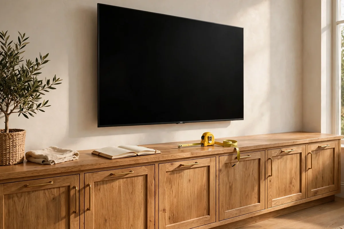 Wide console extending beyond each side of a television
