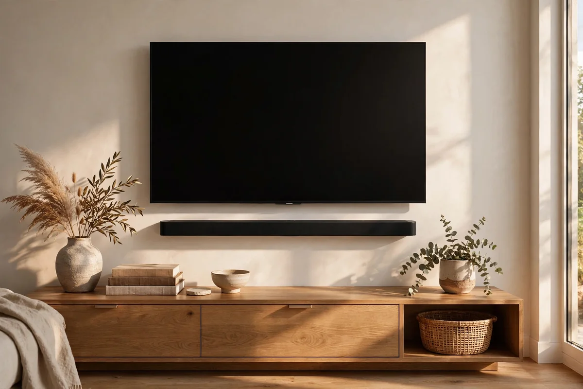 Soundbar mounted flush under a television forming one clean band