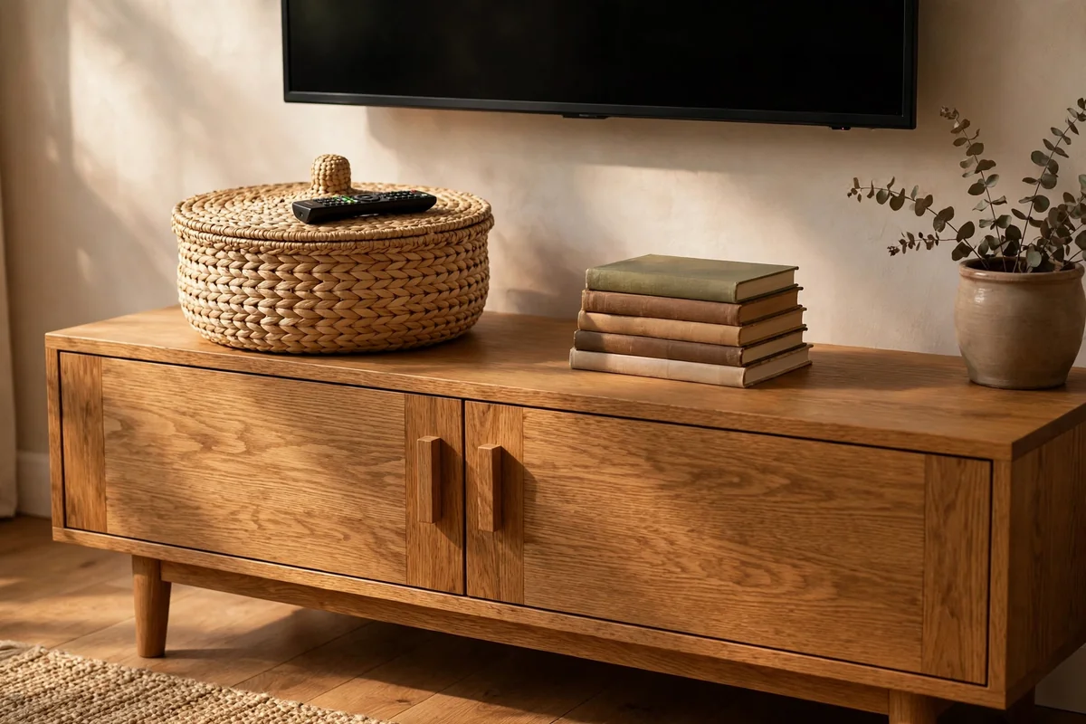 Lidded seagrass basket keeping TV remotes and clutter hidden