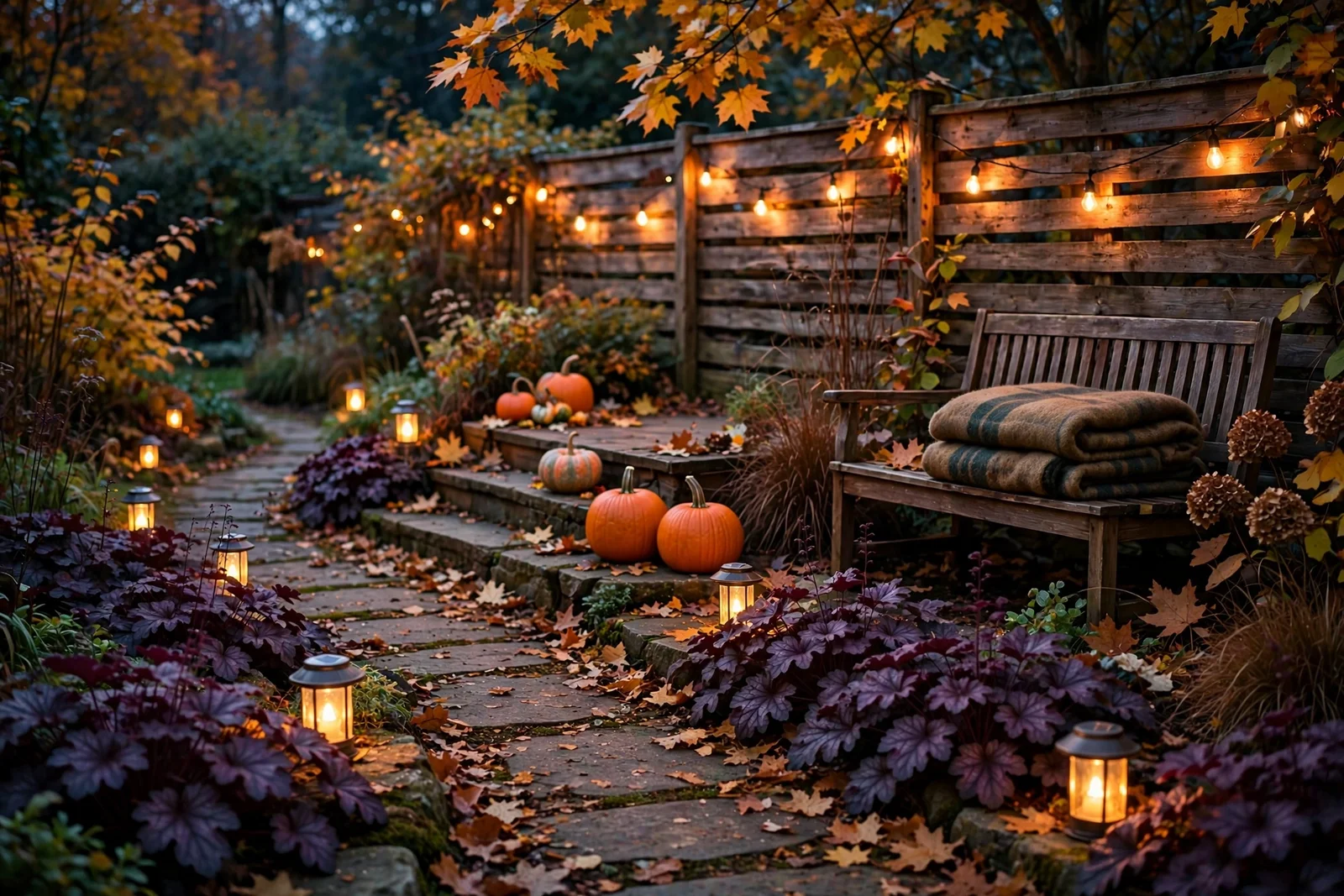 Autumn garden at dusk glowing with lanterns, pumpkins and string lights