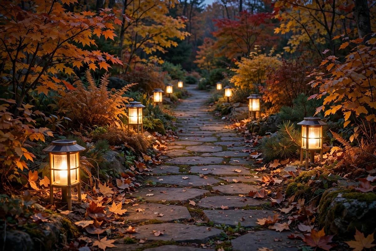 Solar lanterns glowing along a stone garden path at dusk in autumn