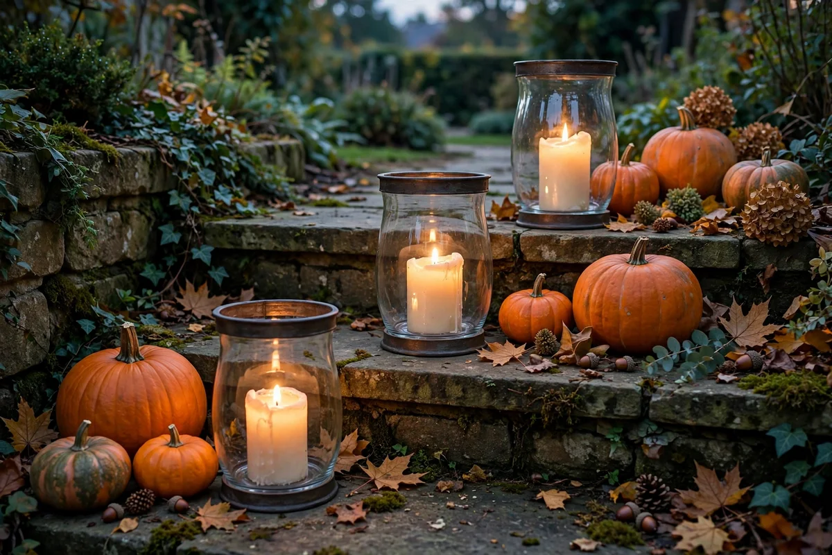 Glass hurricane candles glowing on garden steps at dusk