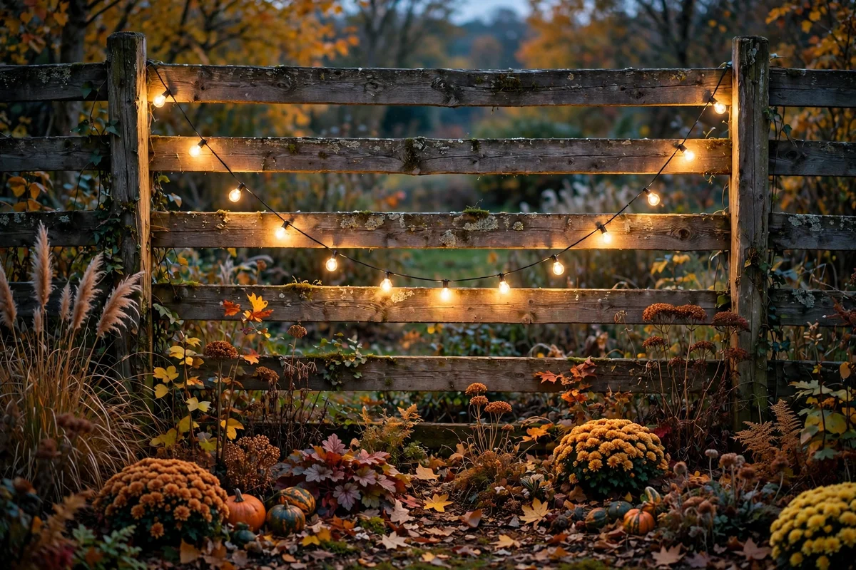 Warm string lights swagged along a wooden garden fence at dusk