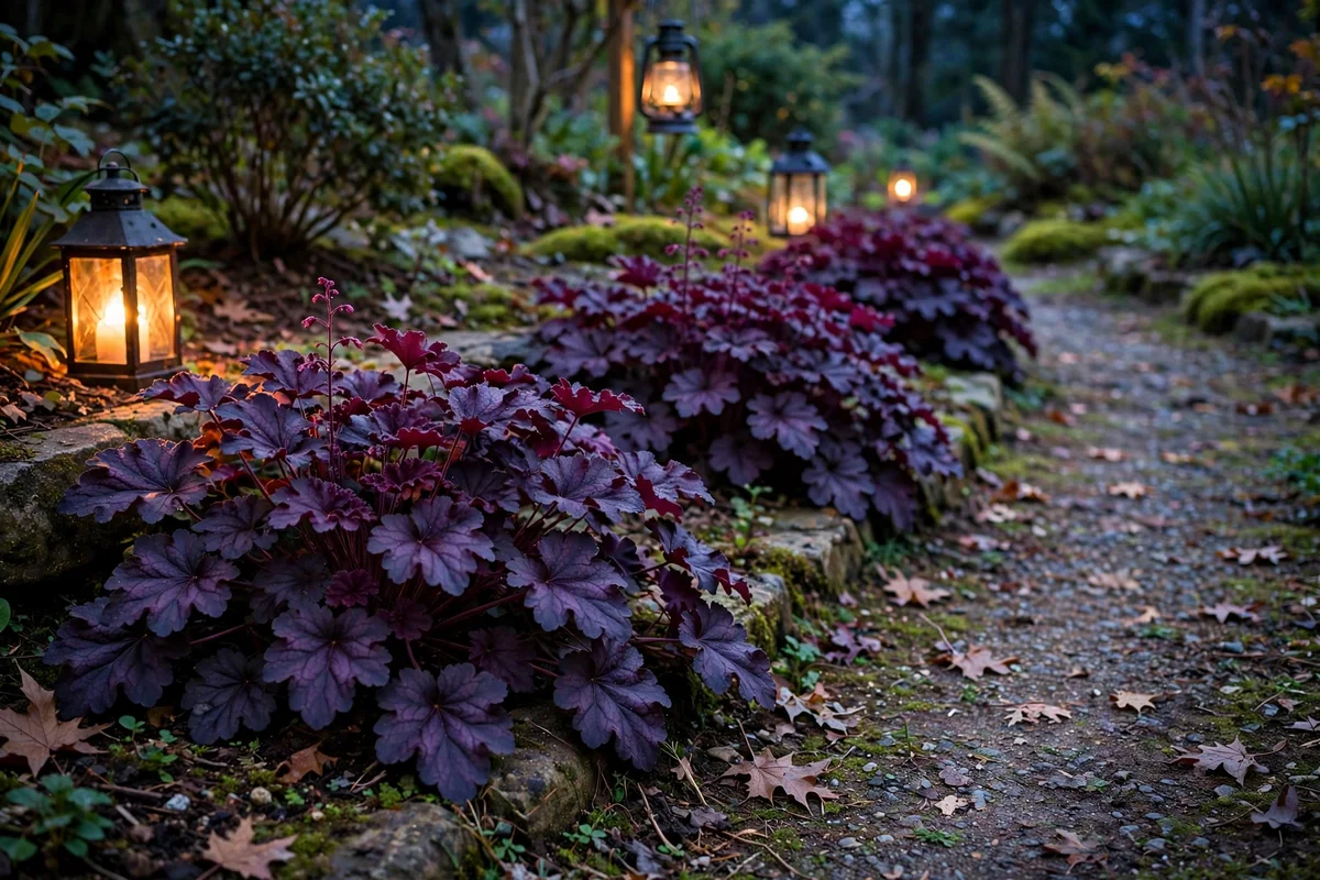Deep purple heuchera foliage clusters edging a garden path at dusk