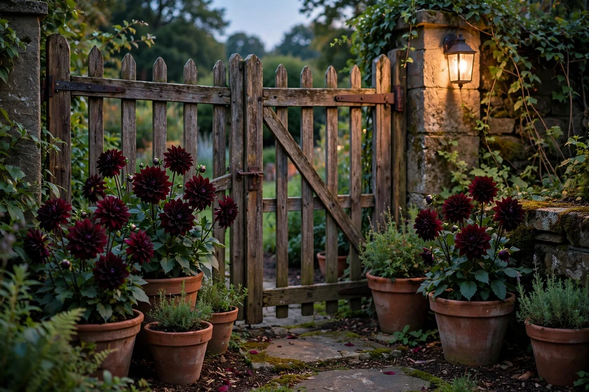 Dark dahlias in terracotta pots beside a garden gate at dusk