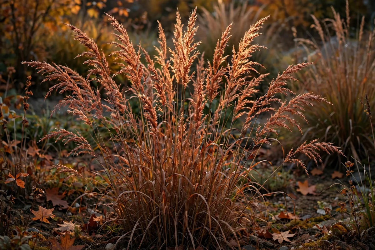 Ornamental grasses with copper plumes catching evening light