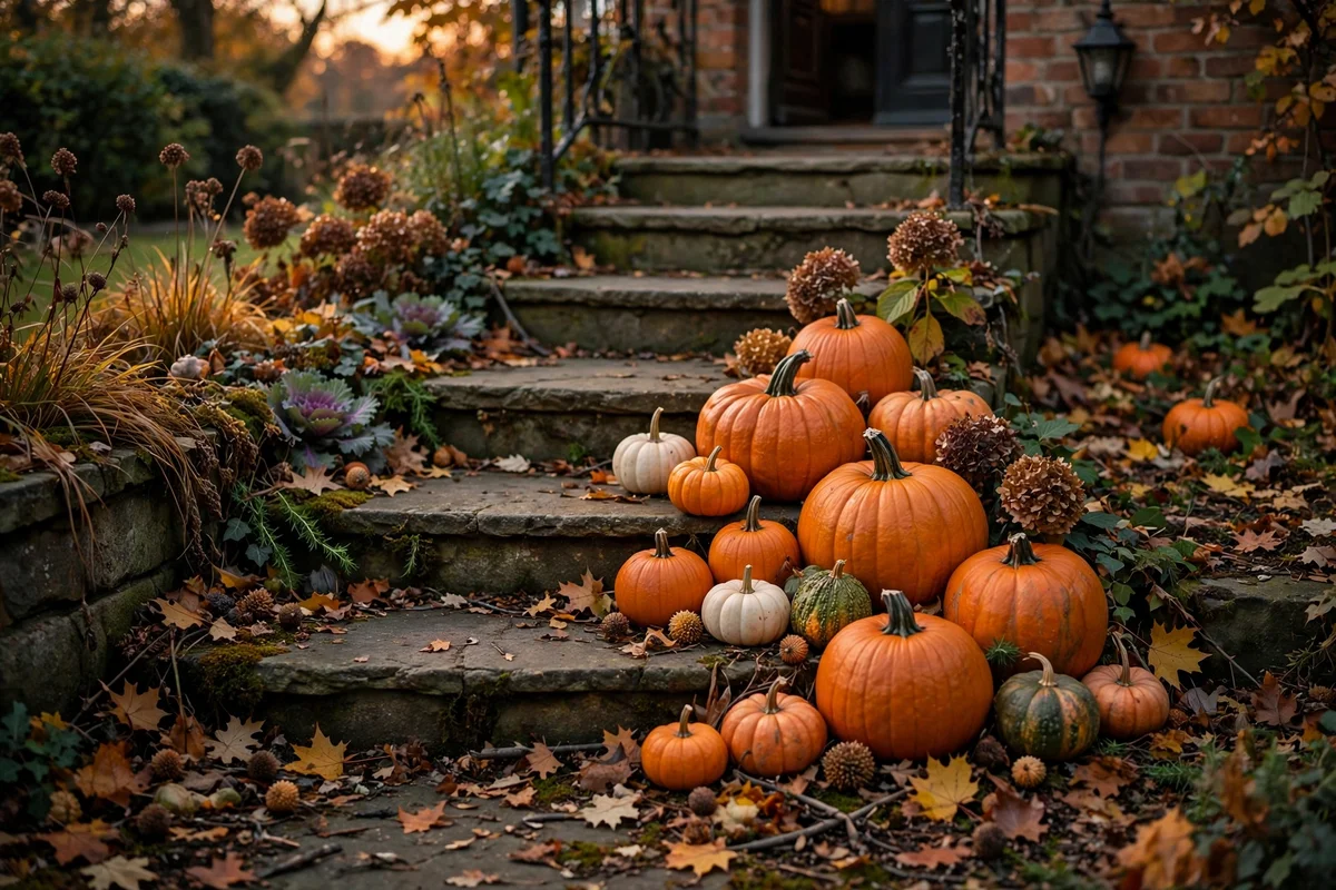 Mixed size pumpkins clustered on front garden steps at dusk