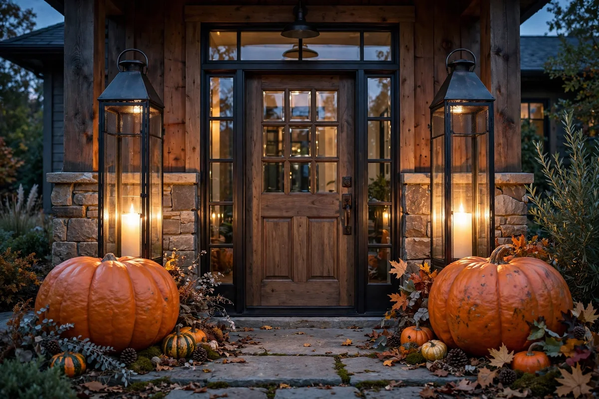 Door flanked by large pumpkins and glowing lanterns at dusk