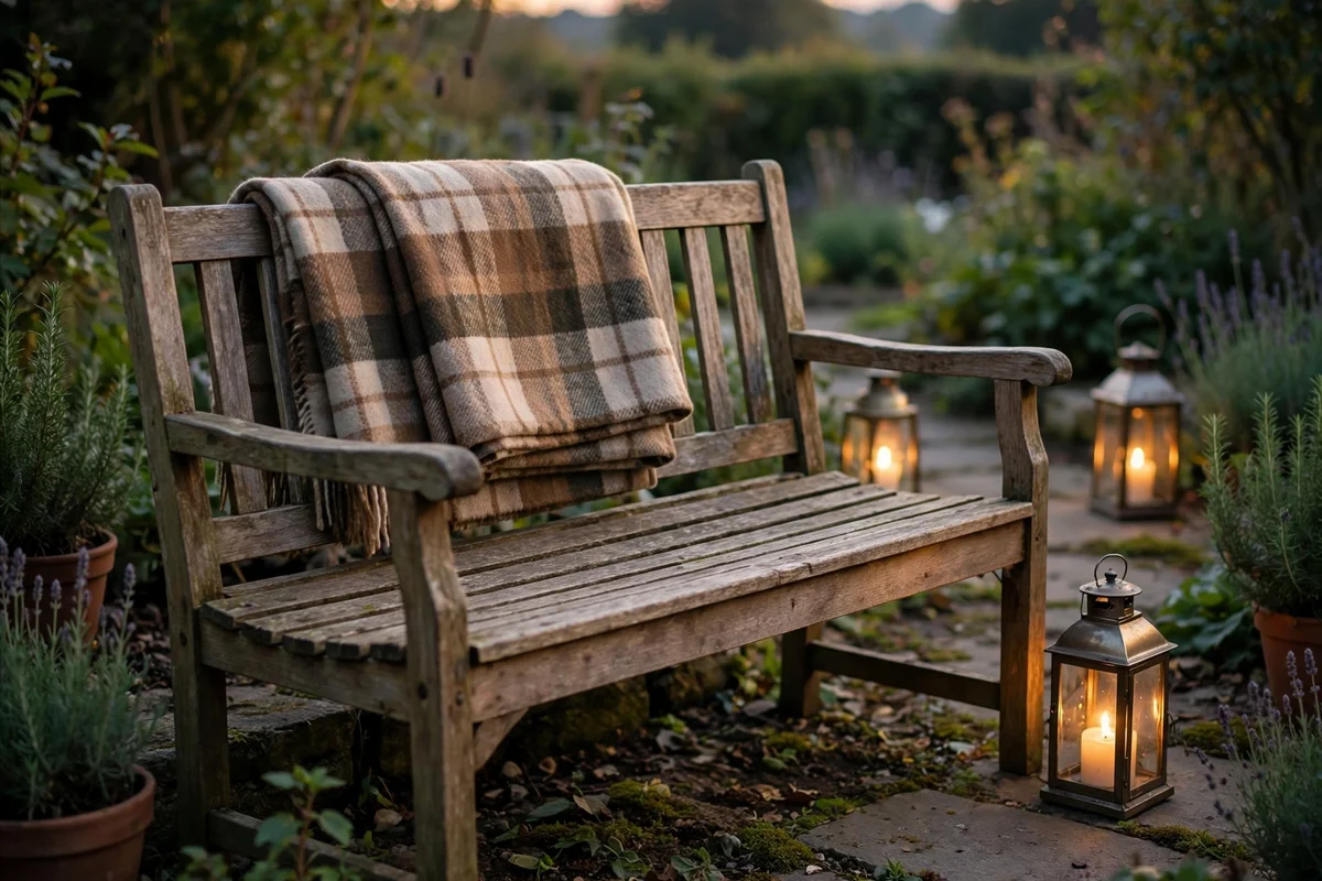 Garden bench with a folded wool blanket at dusk