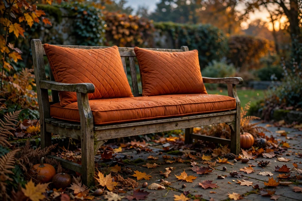Burnt orange cushions on a garden bench at dusk