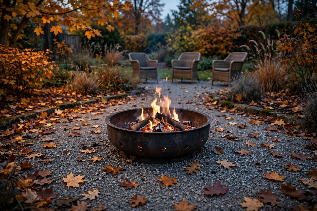 Fire bowl glowing on a gravel pad in an autumn garden at dusk