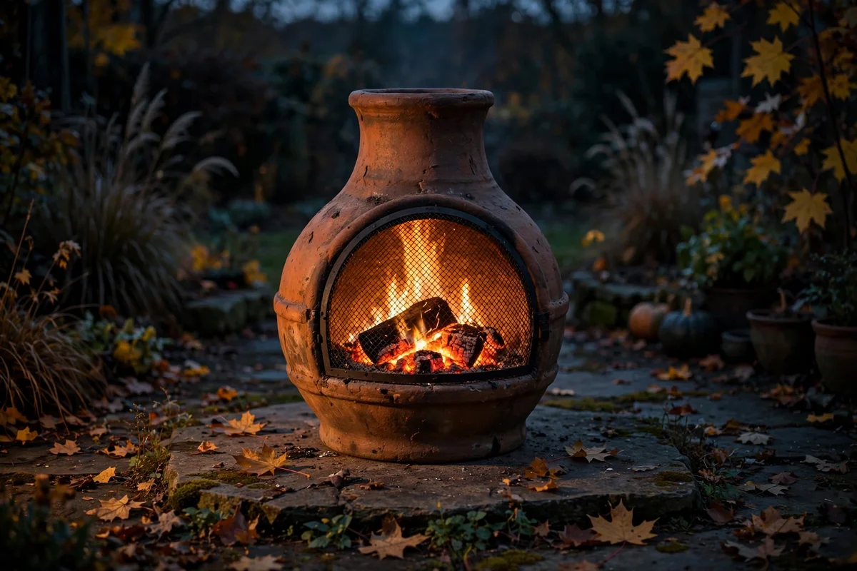 Chiminea with spark guard glowing on a stone slab at dusk