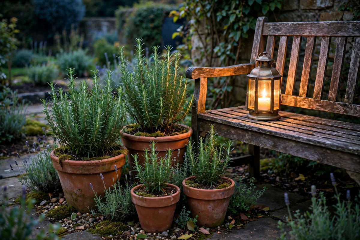 Rosemary in terracotta pots beside a garden bench at dusk