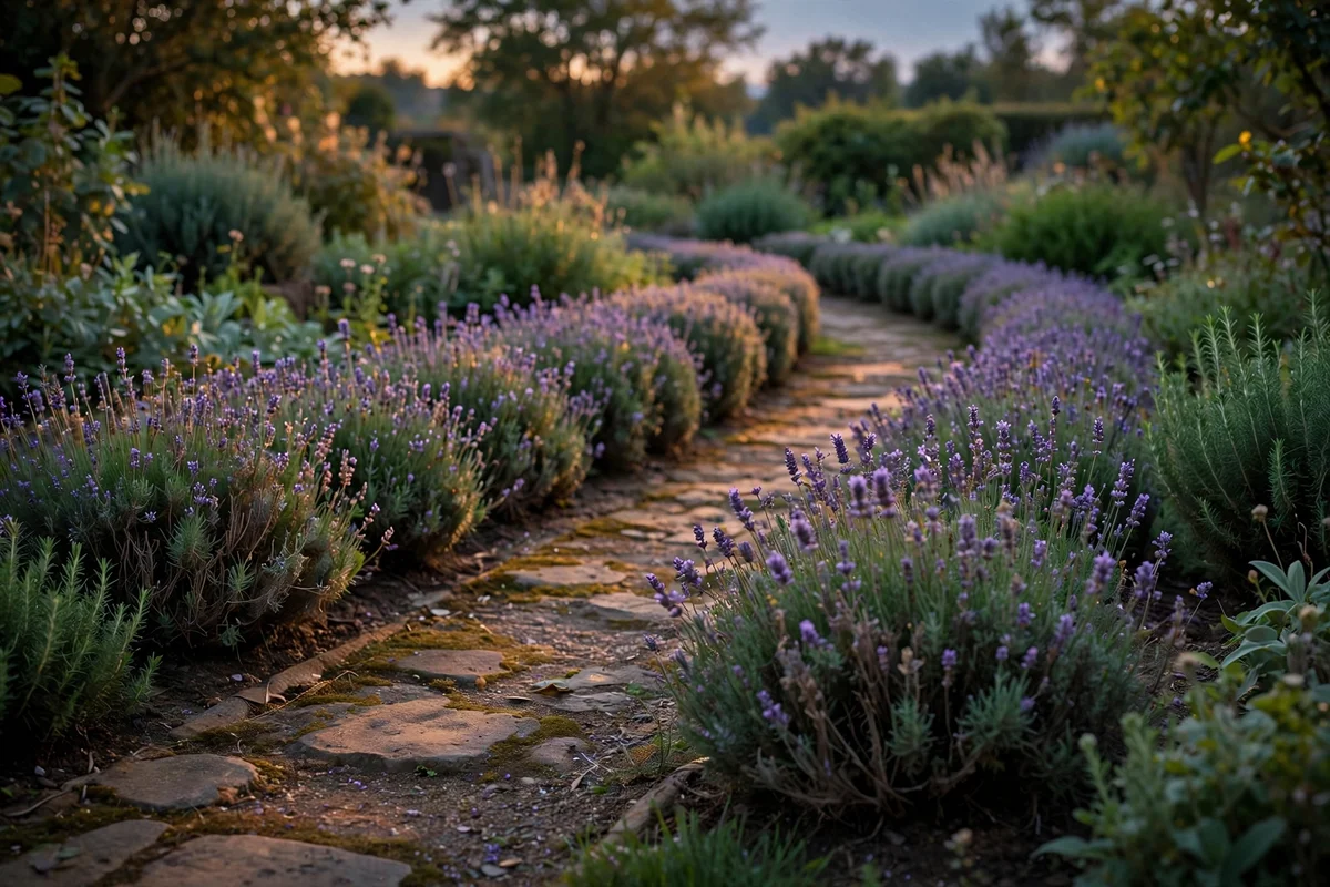 Lavender hedge edging a garden path in the evening
