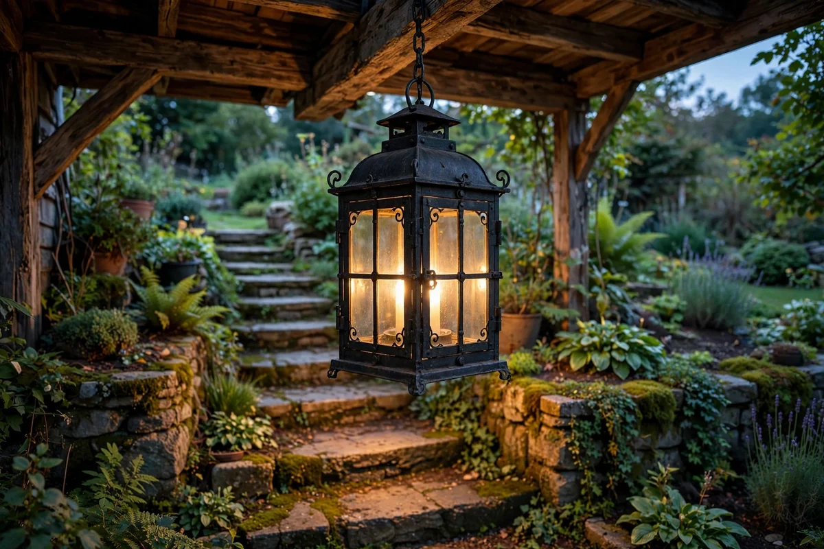 Metal lantern hanging from a porch beam glowing over steps at dusk