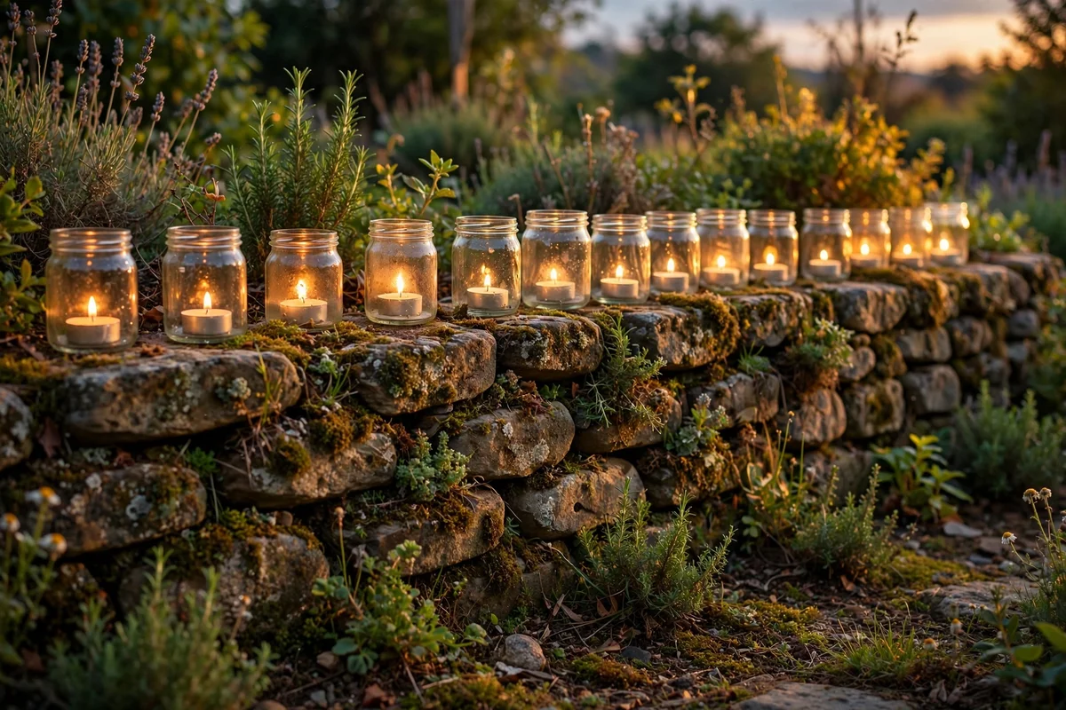 Glass jars with tealights glowing along a low garden wall at dusk