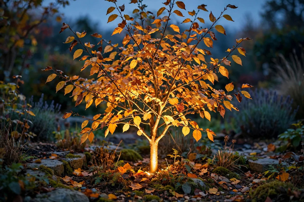 Autumn tree lit from below by a garden uplight at dusk