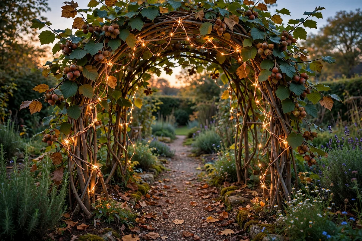Hazel arch wrapped with warm fairy lights at dusk