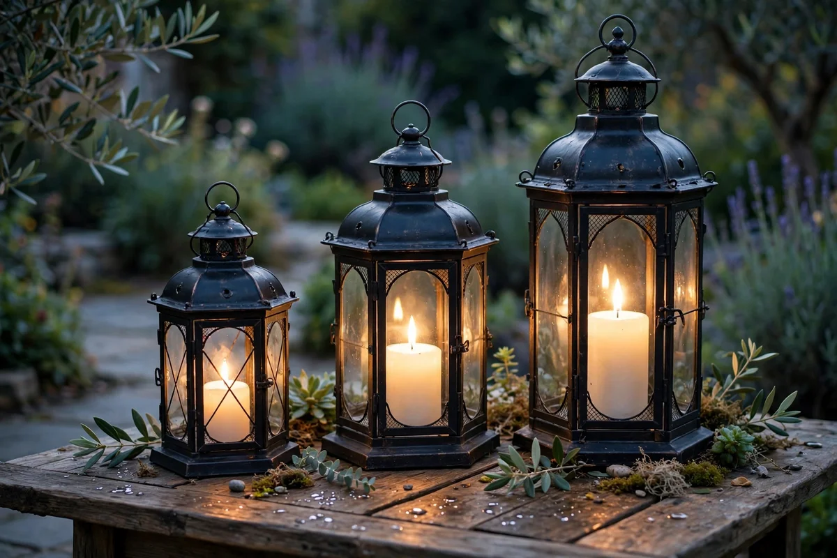 Trio of lanterns in graduated heights on a garden table at dusk