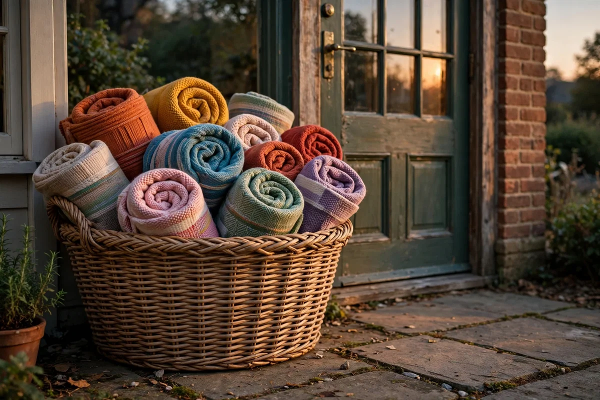 Wicker basket of rolled blankets beside the back door