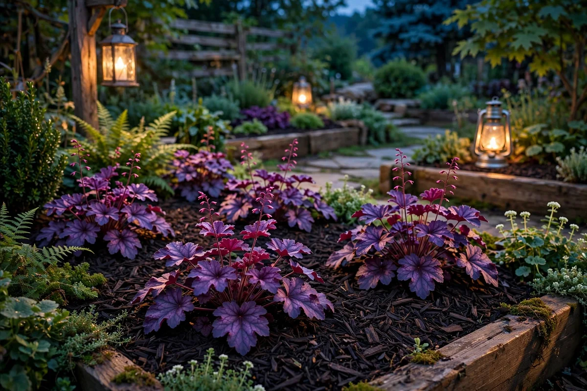 Dark bark mulch on garden beds deepening colours at dusk
