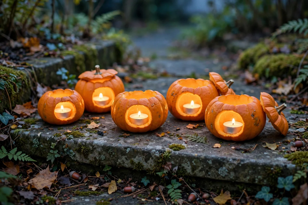 Mini pumpkins glowing with battery tealights at dusk