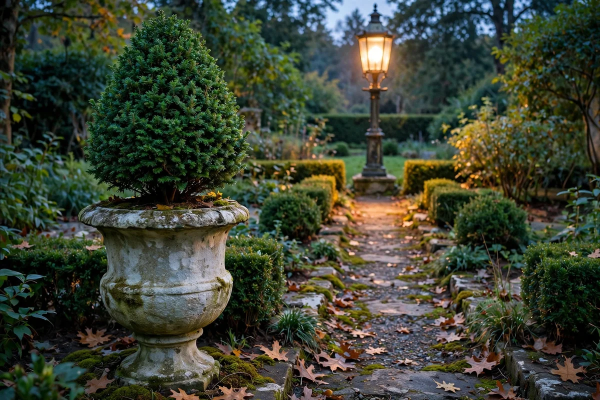 Planted urn and tall lantern marking the end of a path at dusk