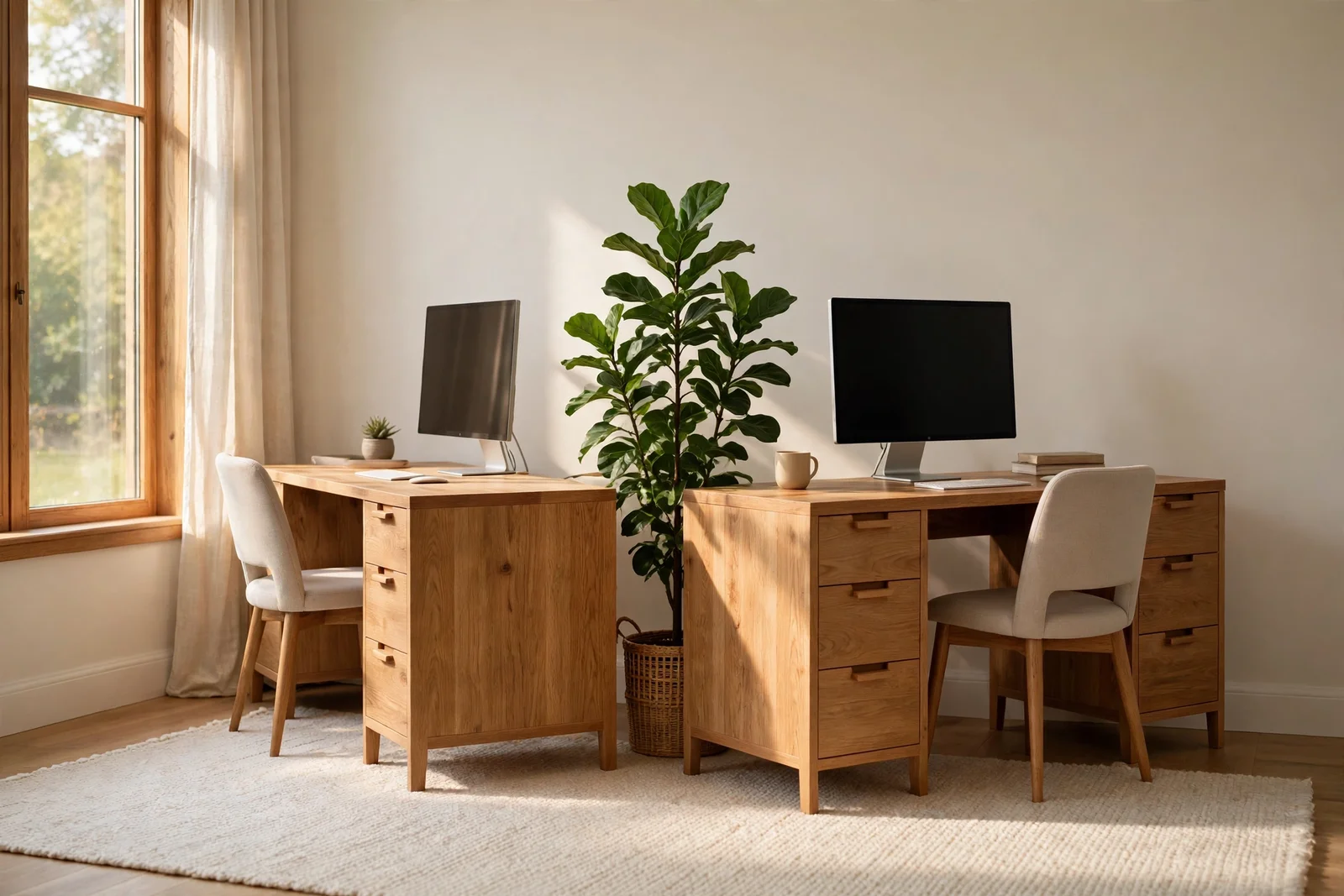 Back to back desks with empty chairs in a calm two person home office