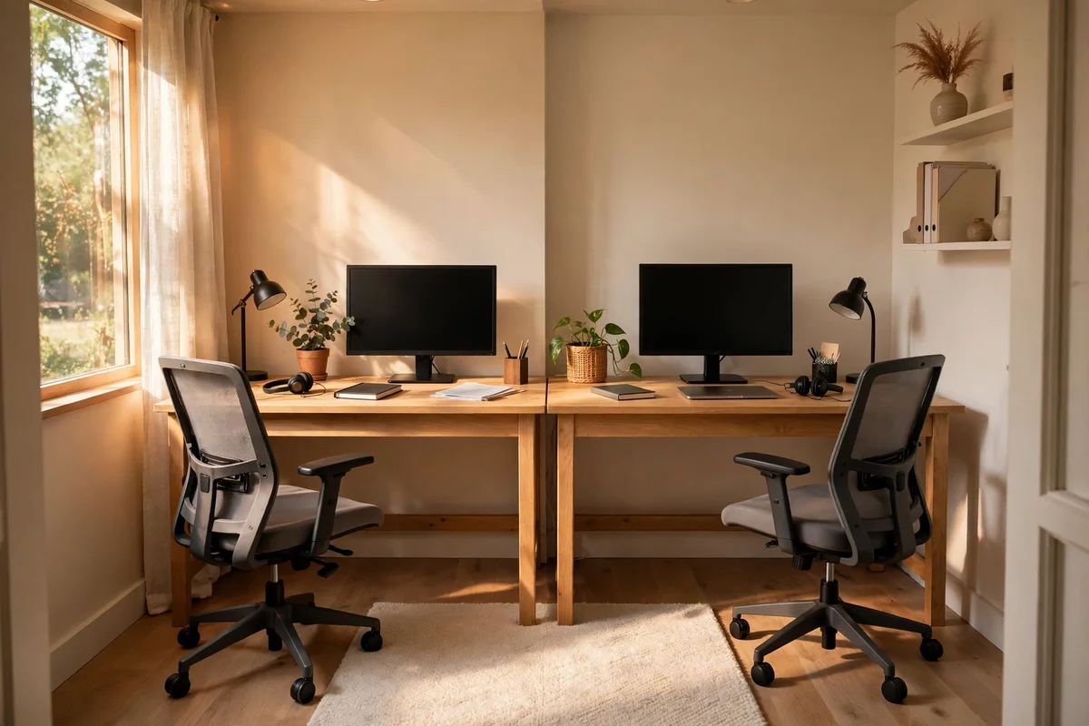 Back to back desks with empty chairs and a shared rug