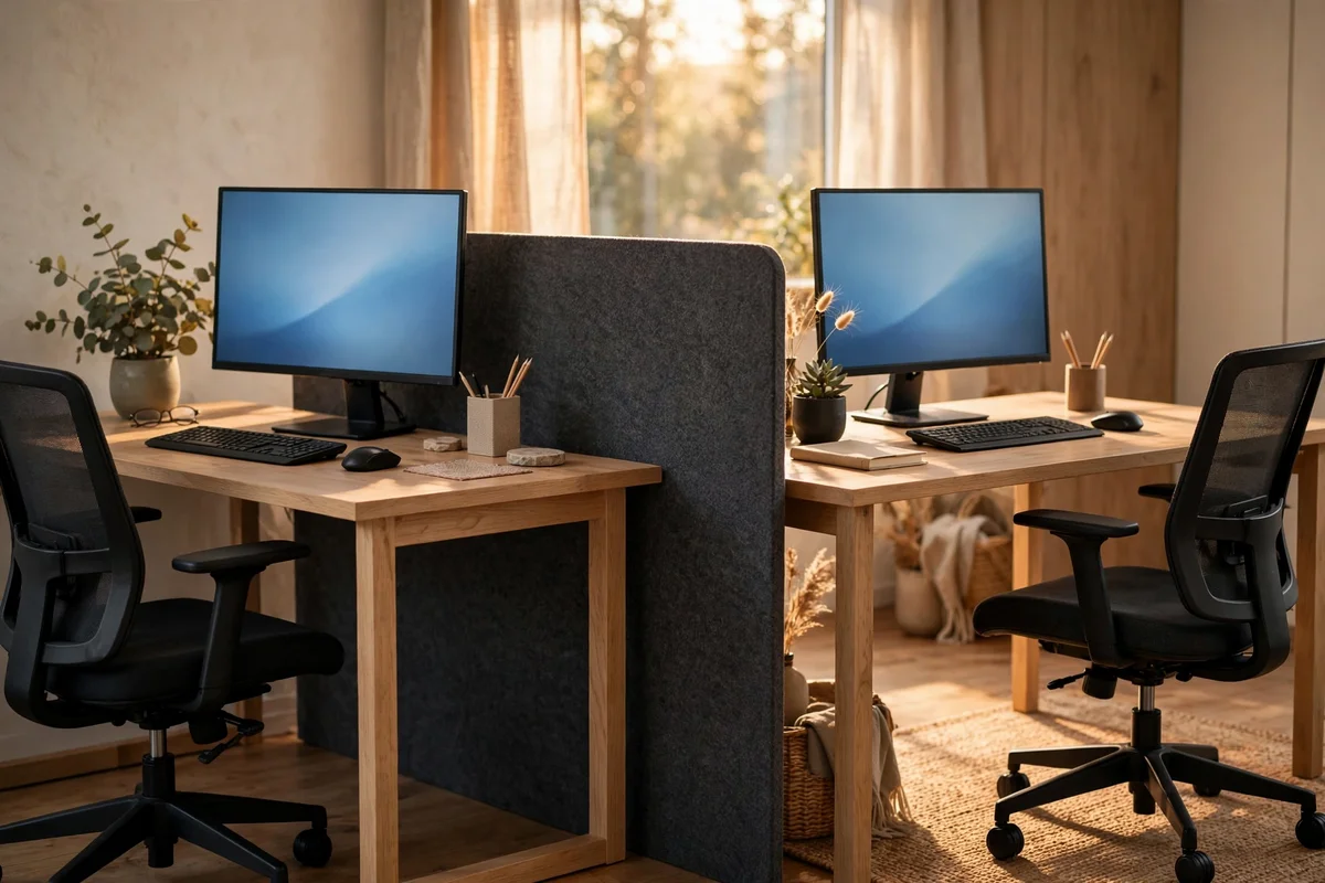 Face to face desks with a low felt divider and empty chairs