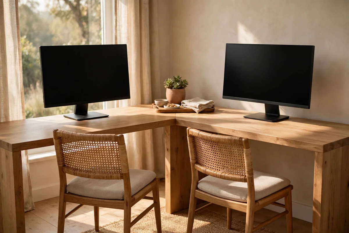 L-shaped corner desk with two equal wings and empty chairs