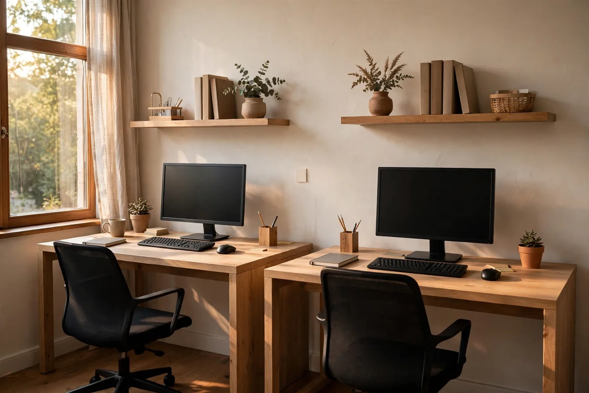 Two matching desks in a row along one wall with empty chairs