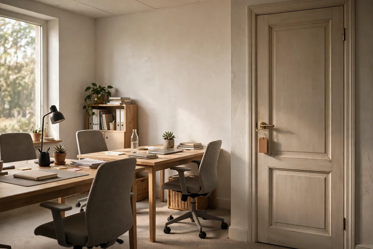 Closed office door with a call tag, quiet desks inside