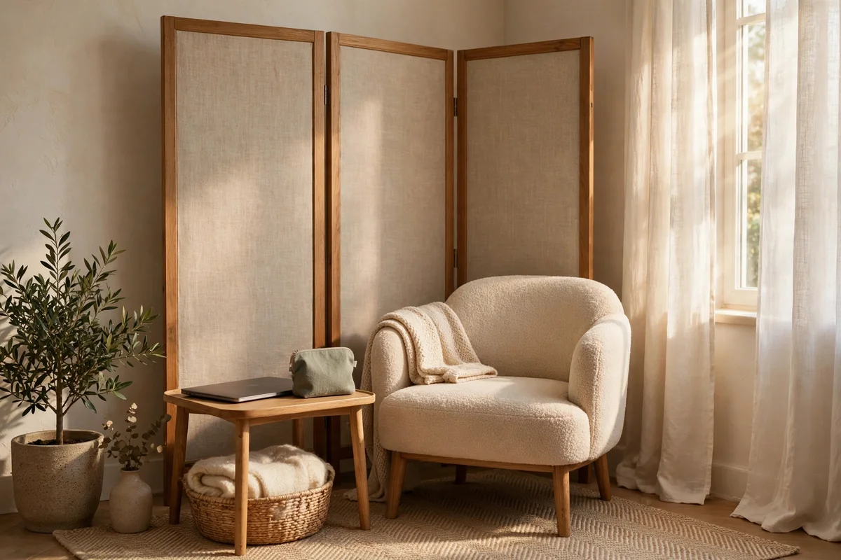 Quiet call corner with small table, chair and folding screen