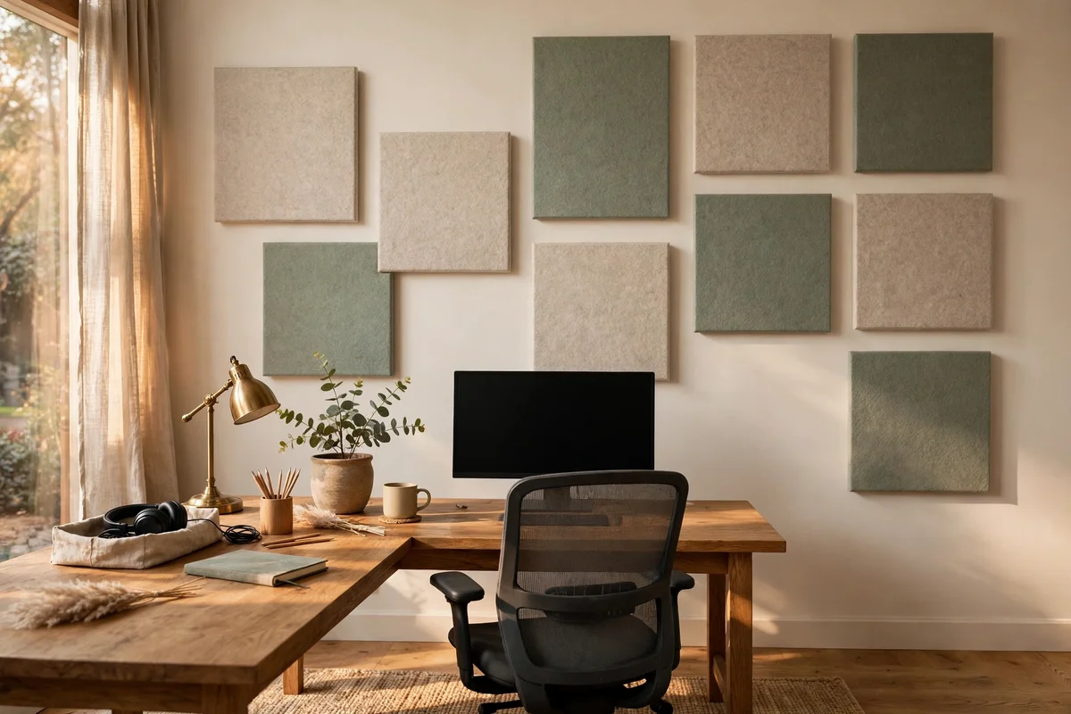 Felt acoustic panels in a grid behind an empty office chair